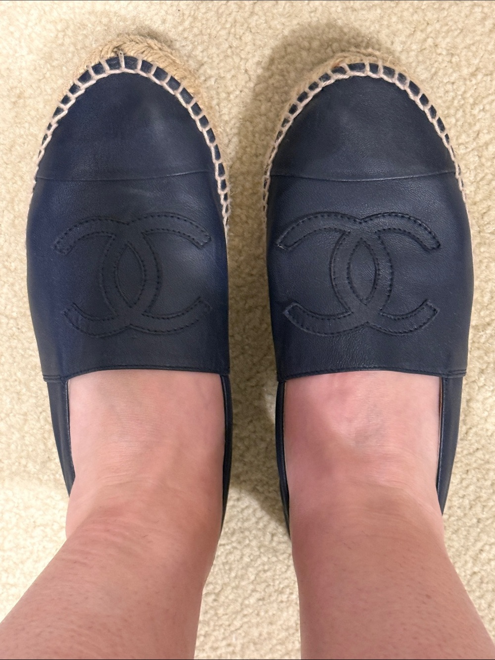 CHANEL Navy Leather Espadrille Slip-Ons with CC Logo